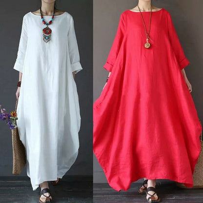 Women's Cotton Linen Loose Dress | Literary Boho Long Sleeve Kaftan Robe