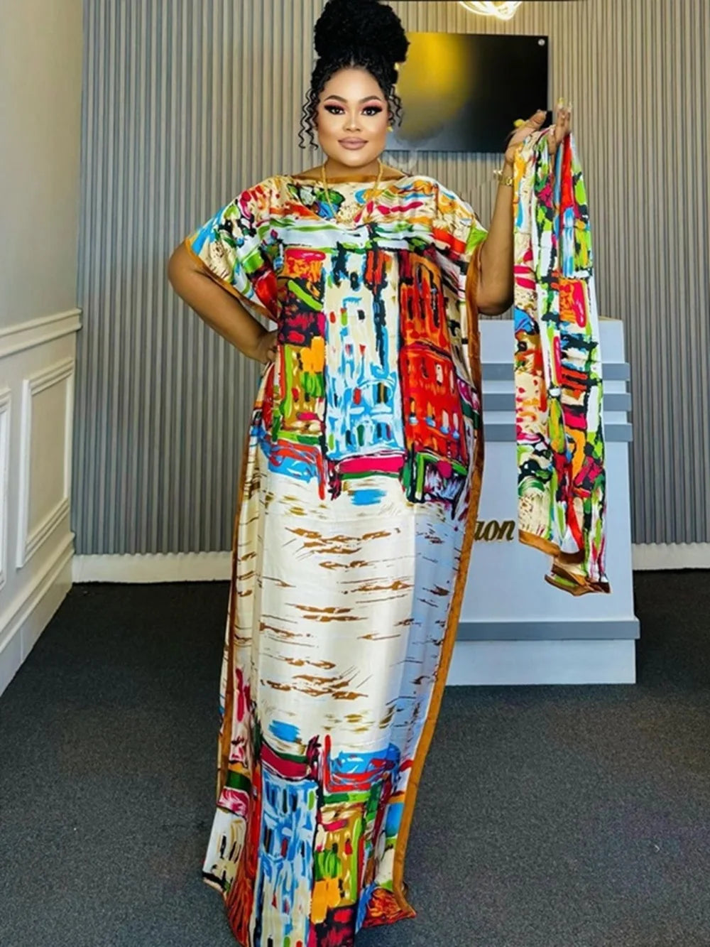 African Dashiki Floral Print Maxi Dress: Elegant Evening Robe with Matching Scarf