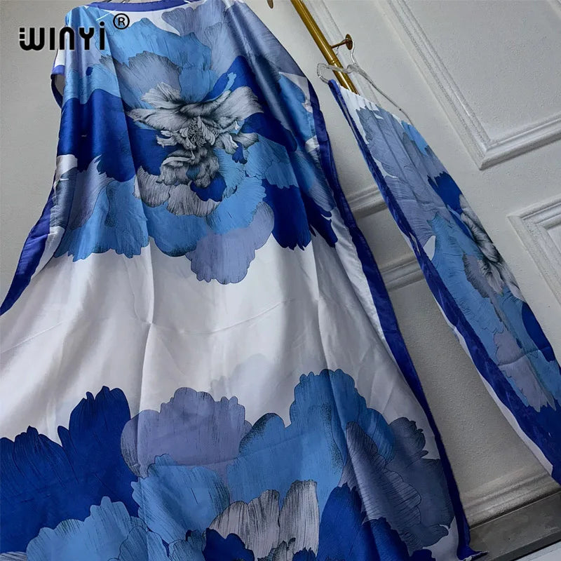 African Women Dashiki Dress with Scarf | Boho Print Maxi Loose Dubai Abaya