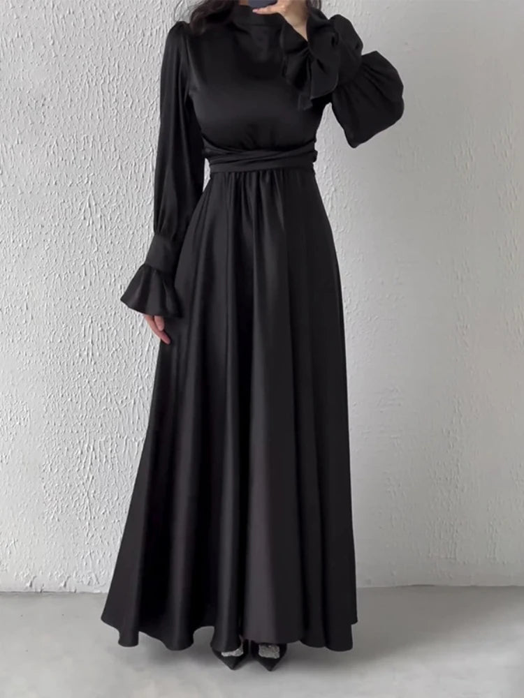 Lotus Leaf Sleeve Satin Abaya Long Dress - Ramadan Party Dress