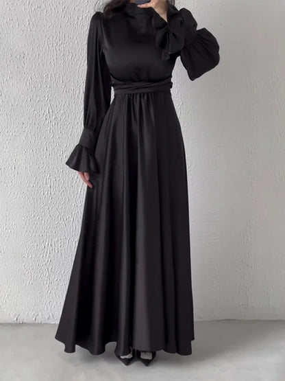 Lotus Leaf Sleeve Satin Abaya Long Dress - Ramadan Party Dress
