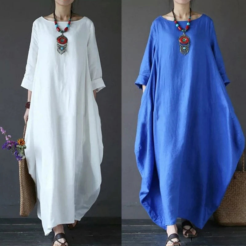 Women's Cotton Linen Loose Dress | Literary Boho Long Sleeve Kaftan Robe