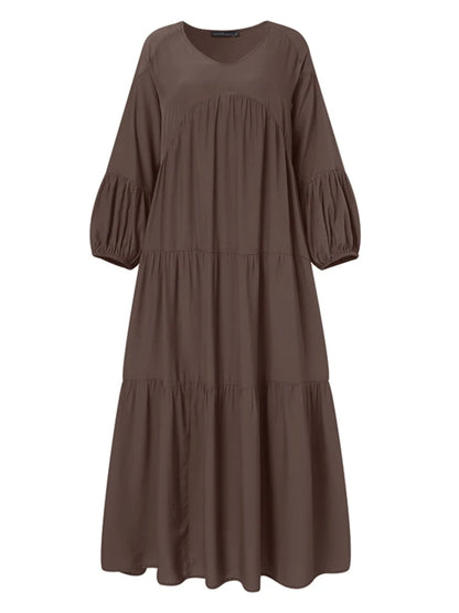 ZANZEA Women Autumn Long Dress - V-Neck Puff Sleeve Maxi Dress