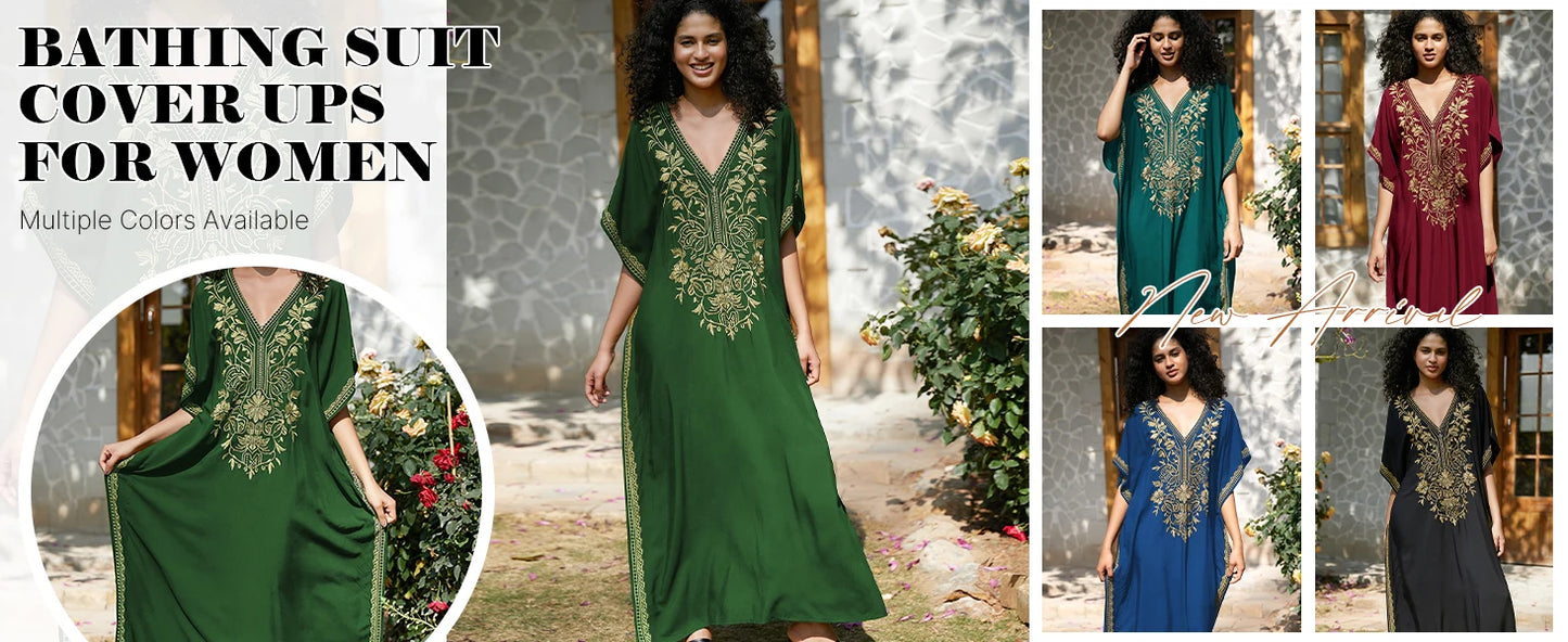 Women's Gold Embroidery Long Kaftan Dress | V Neck Caftan Beach Cover Up