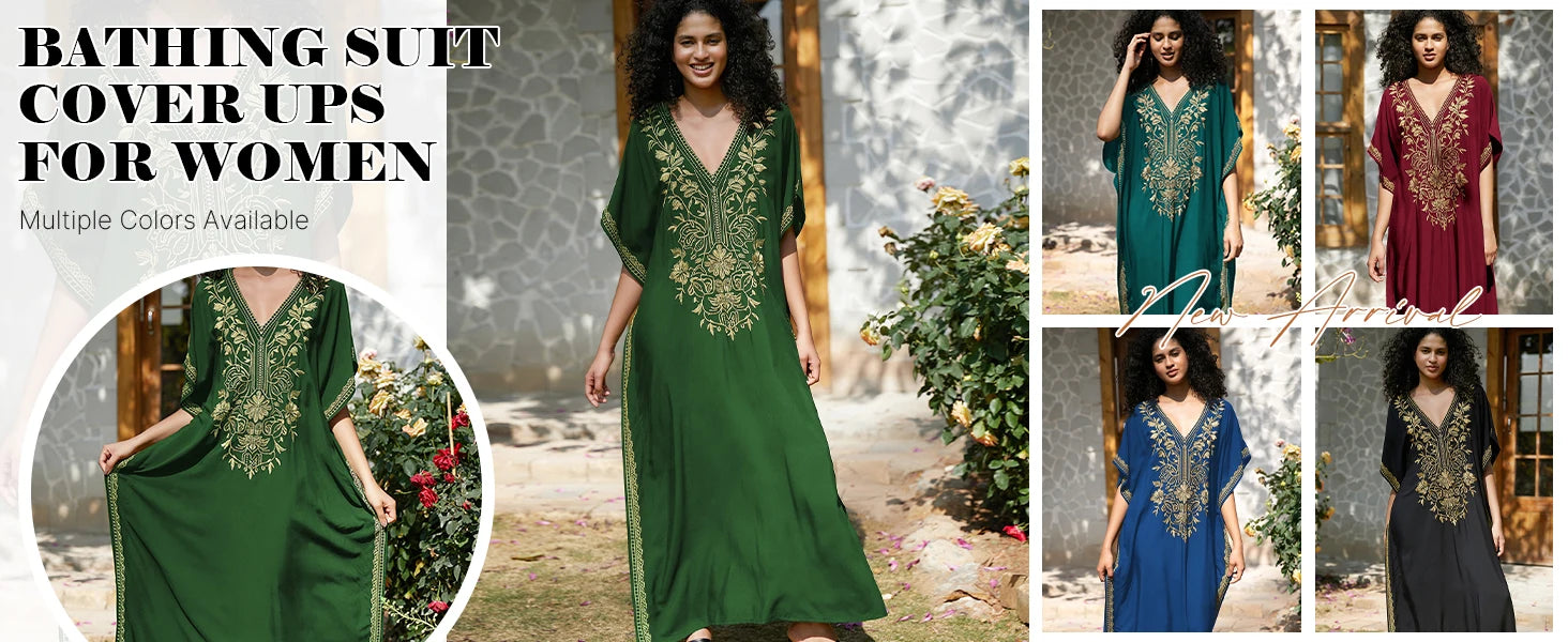 Women's Gold Embroidery Long Kaftan Dress | V Neck Caftan Beach Cover Up