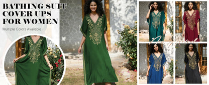 Women's Gold Embroidery Long Kaftan Dress | V Neck Caftan Beach Cover Up