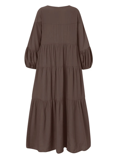 ZANZEA Women Autumn Long Dress - V-Neck Puff Sleeve Maxi Dress
