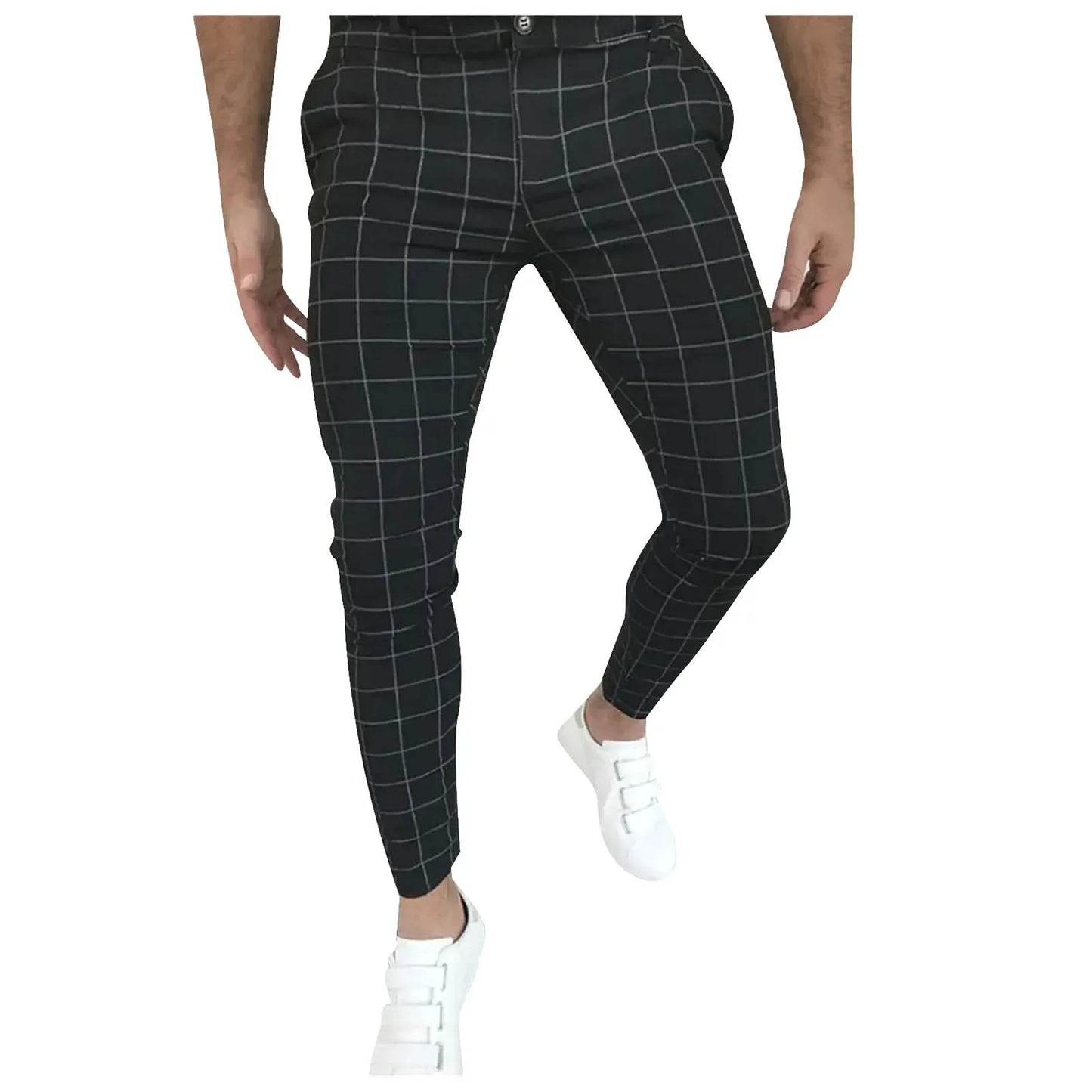 Spring Men Pencil Pants - Slim Fit Plaid Print Trousers