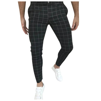 Spring Men Pencil Pants - Slim Fit Plaid Print Trousers