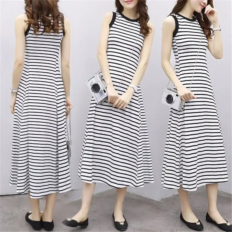 White Striped Beach Casual Long Dress - Korean Dongdaemun Style
