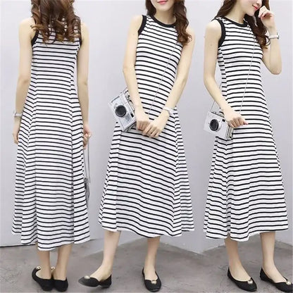 White Striped Beach Casual Long Dress - Korean Dongdaemun Style