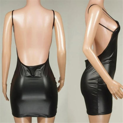 Sexy Faux Leather Backless Dress - Wet Look Latex Mini Dress