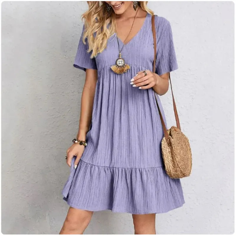 Women's Summer Peplum Dress - V-Neck Short Sleeve Ruffle Fit Flare