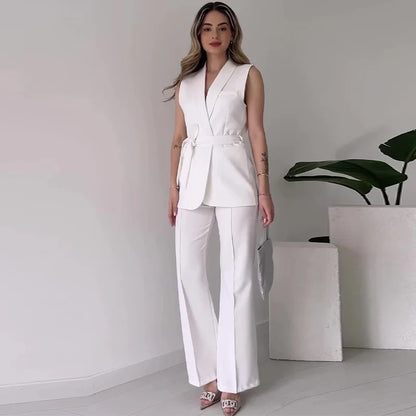 Elegant Solid Color 2-Piece Suit - Sleeveless Top with Long Pants