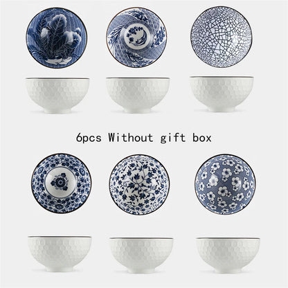 Minimalist Blue Ceramic Dinner Bowl, (300ml) Authentic Flowered Pottery Set, Available in 2/4/6 PCS Set