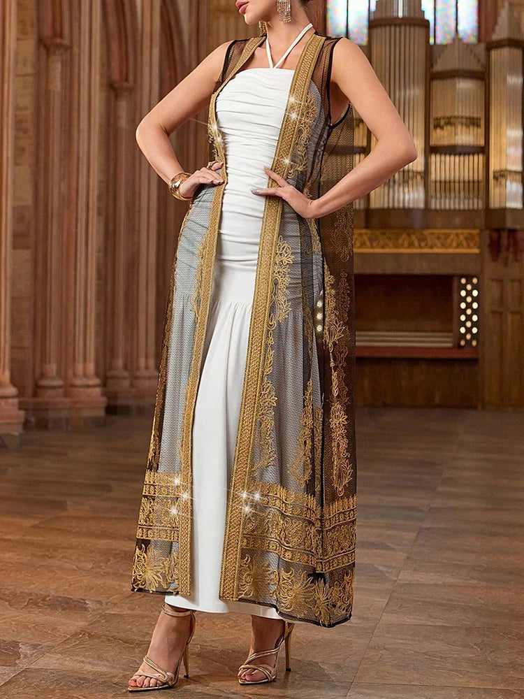 Women's Cardigan - Gold Embroidery Sleeveless Midi Abaya