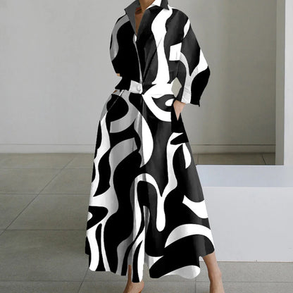 Autumn Maxi Dress - Turn Down Collar Long Sleeve Party Dress