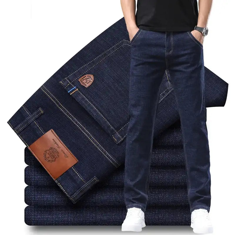 Men's Stretch Loose Straight Jeans - Casual Elastic Slim Fit Denim Pants