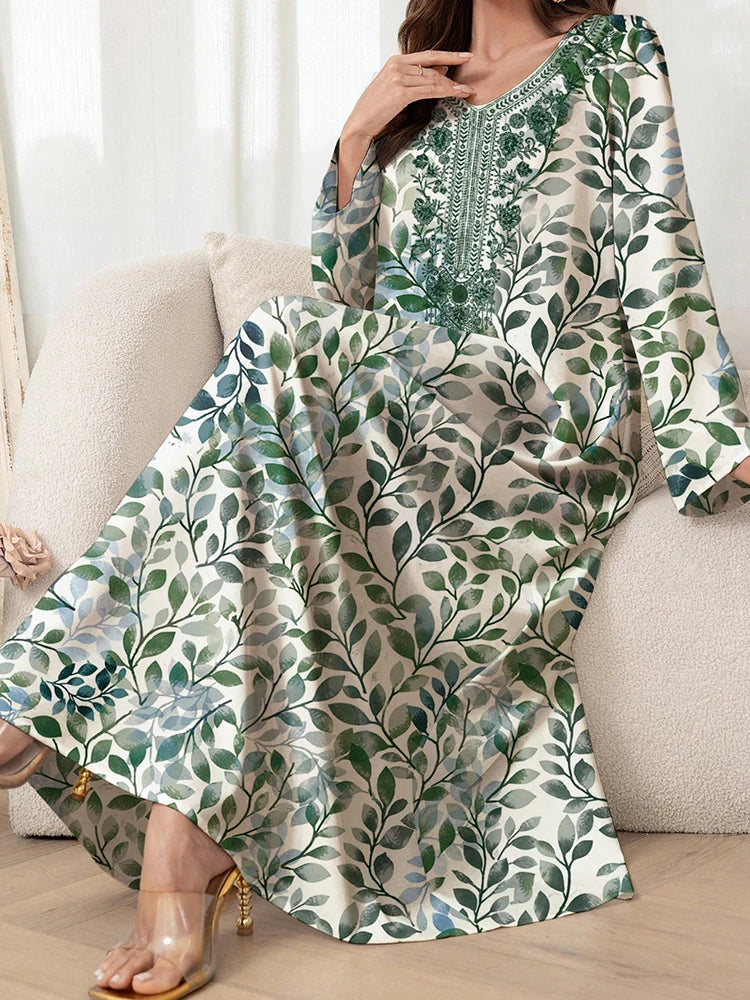 Women's Graphic Print Jalabiya - Long Sleeve V-Neck Loose Dress