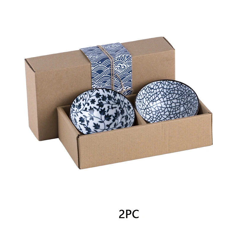 Minimalist Blue Ceramic Dinner Bowl, (300ml) Authentic Flowered Pottery Set, Available in 2/4/6 PCS Set