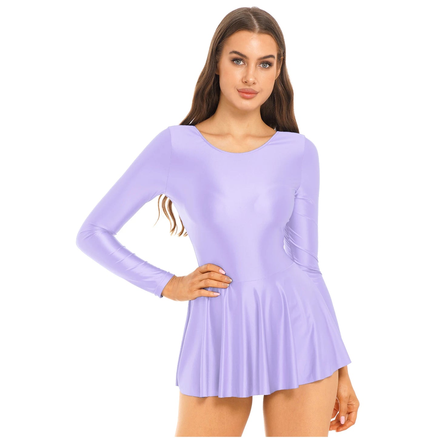 Women's Solid Color Long Sleeve Ruffled Dress - Round Neck