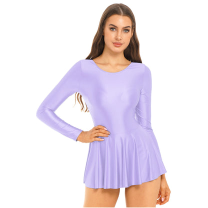 Women's Solid Color Long Sleeve Ruffled Dress - Round Neck