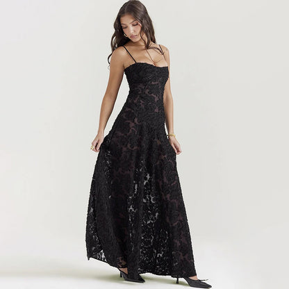 Women's Sheer Lace Boho Maxi Dress - Sleeveless Spaghetti Strap Party Dress