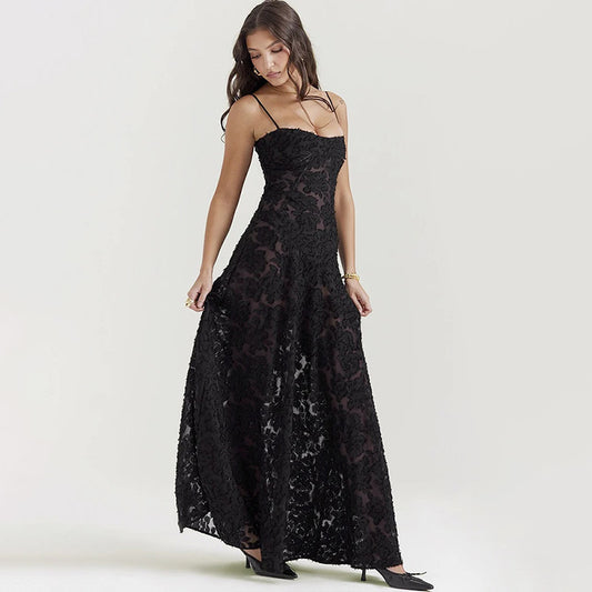 Women's Sheer Lace Boho Maxi Dress - Sleeveless Spaghetti Strap Party Dress