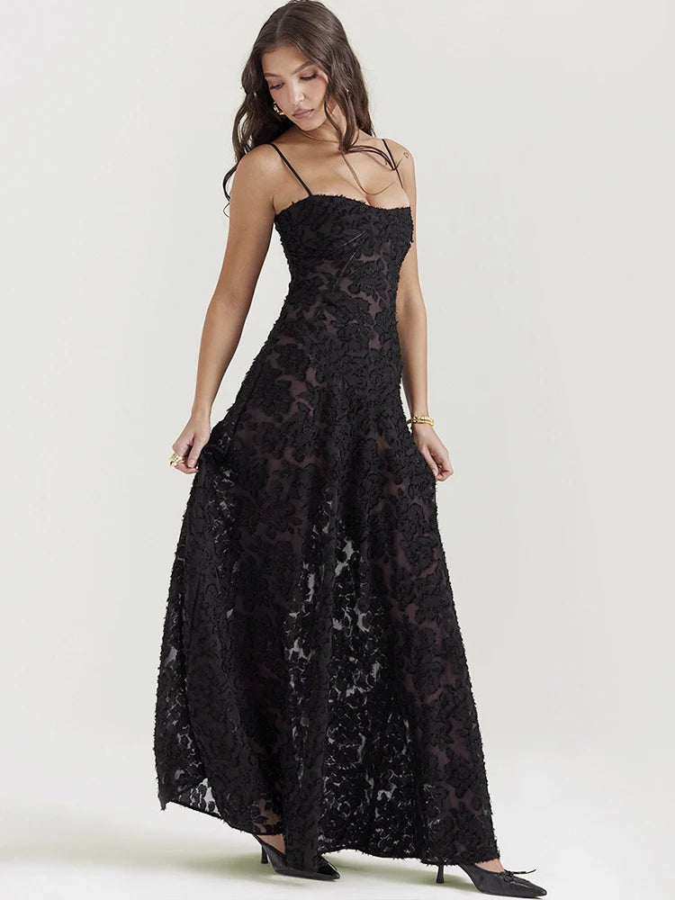Women's Sheer Lace Boho Maxi Dress - Sleeveless Spaghetti Strap Party Dress