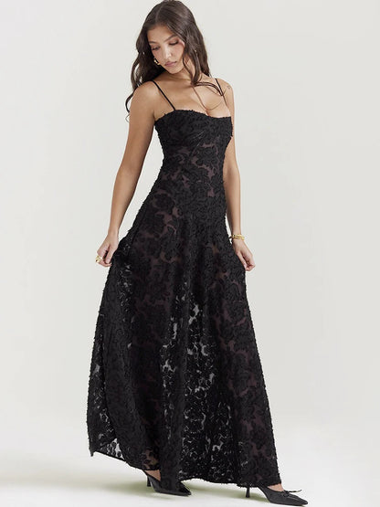 Women's Sheer Lace Boho Maxi Dress - Sleeveless Spaghetti Strap Party Dress