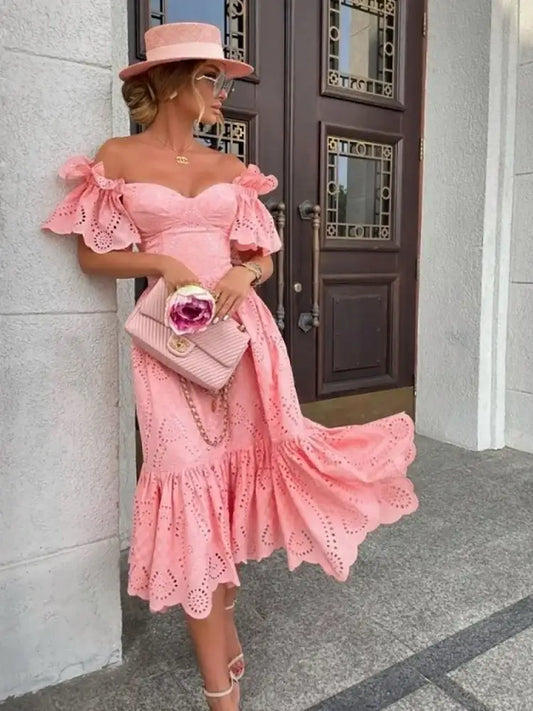Women's Off Shoulder Lace Long Dress - Boho Summer Party Dress
