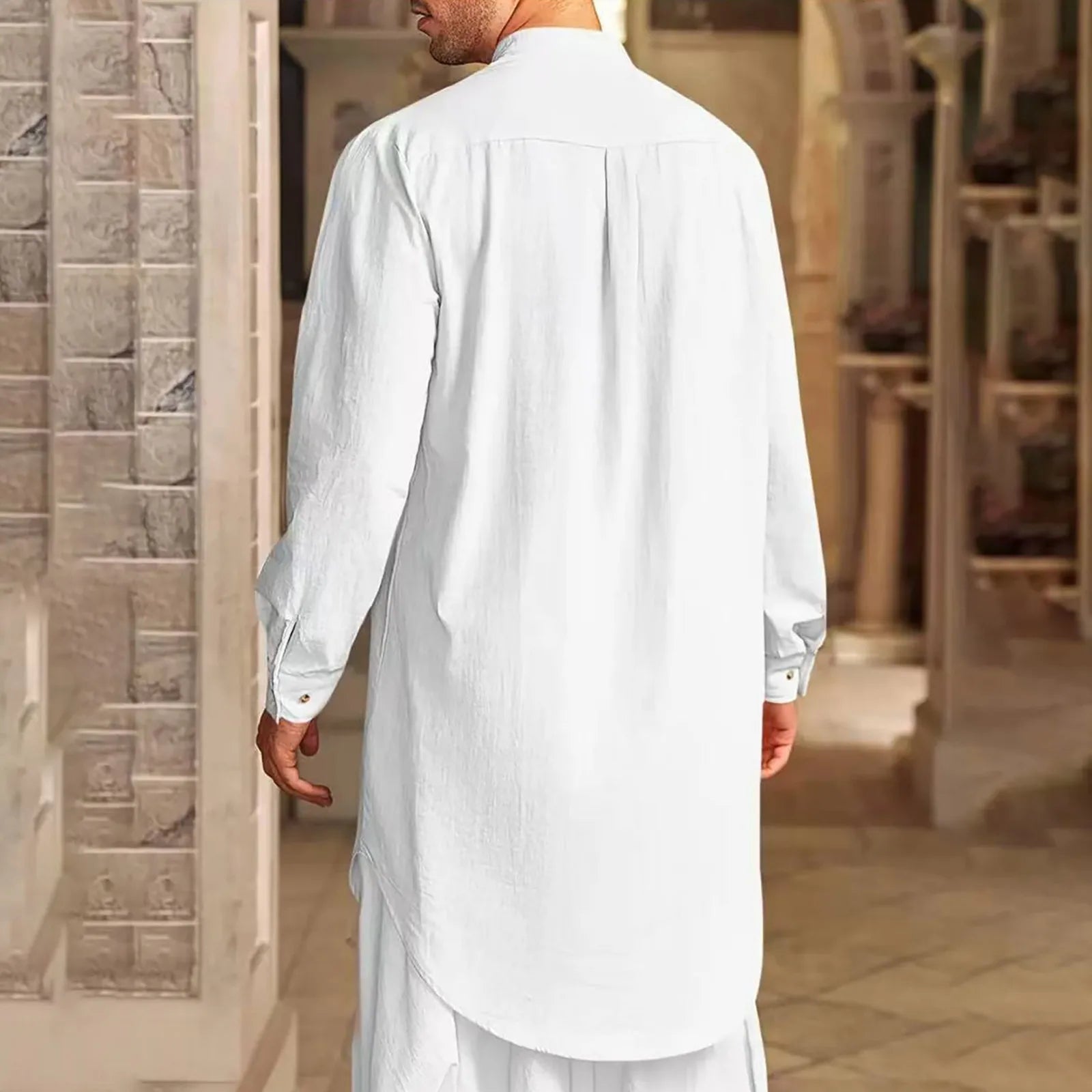Men's Islamic Cotton Linen Shirt - Stand Collar Kurta Robe