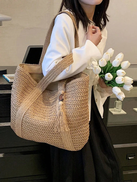 Tassel Decor Straw Bag - Large Capacity Summer Beach Bag