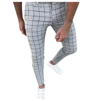 Spring Men Pencil Pants - Slim Fit Plaid Print Trousers