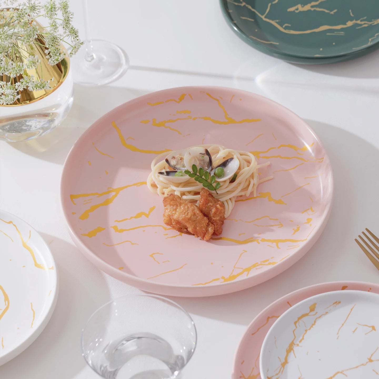 European Marbled Ceramic Plate with Gold Rim