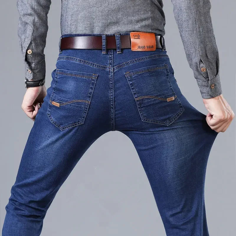 Spring Men's Slim-Fit Denim Pants - Black & Blue Classic Jeans