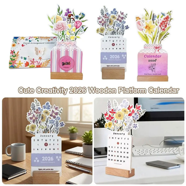 Wooden Base Bloomy Flowers Desk Calendar Detachable Base Vase Shaped