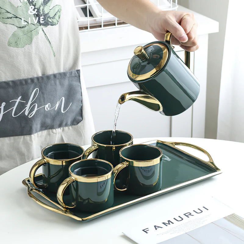 European Style Green Gold Bone China Tea Set