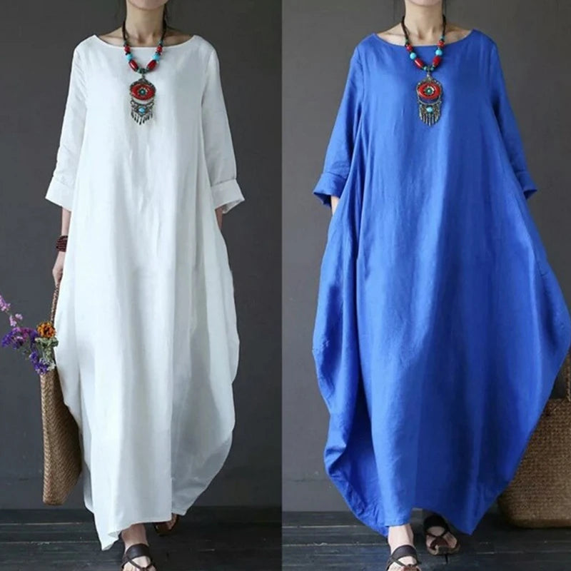 Women's Cotton Linen Loose Dress | Literary Boho Long Sleeve Kaftan Robe