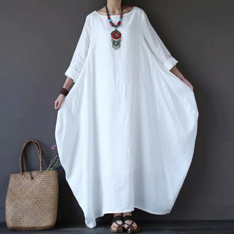 Women's Cotton Linen Loose Dress | Literary Boho Long Sleeve Kaftan Robe