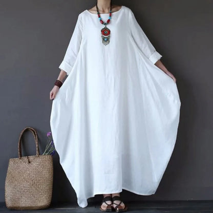 Women's Cotton Linen Loose Dress | Literary Boho Long Sleeve Kaftan Robe