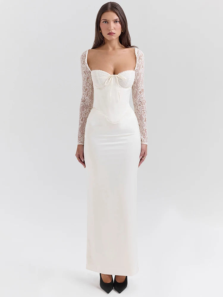 White Lace Maxi Dress - Long Sleeve, Backless, and Back Split Design