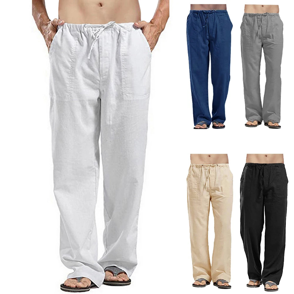 Men's Summer Loose Long Pants - Elastic Waist Drawstring Trousers
