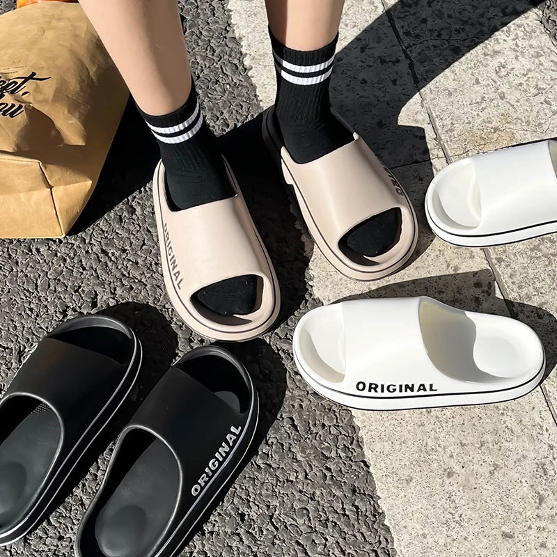 Feslishoet Women Letter Slippers - Thick Sole Beach Slides