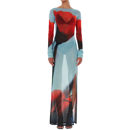 Sexy Women’s Slim Fit Beach Dress Cover-Up - Sheer Mesh Floral Print