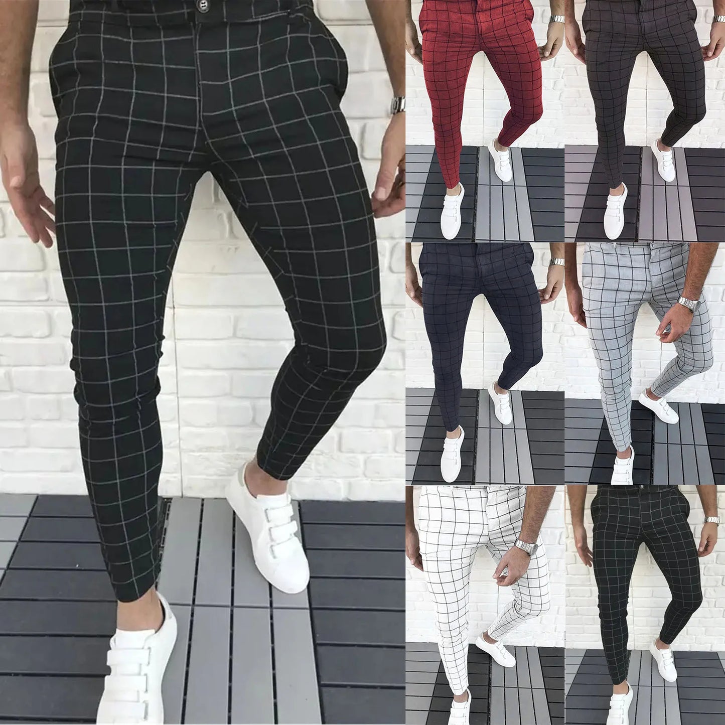 Spring Men Pencil Pants - Slim Fit Plaid Print Trousers