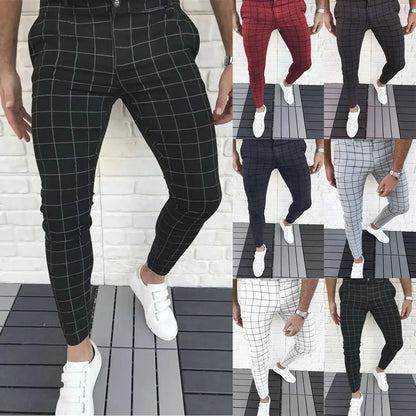 Spring Men Pencil Pants - Slim Fit Plaid Print Trousers