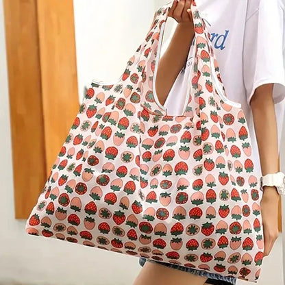 Reusable Folding Shopping Bag - Supermarket Tote with Strawberry Print