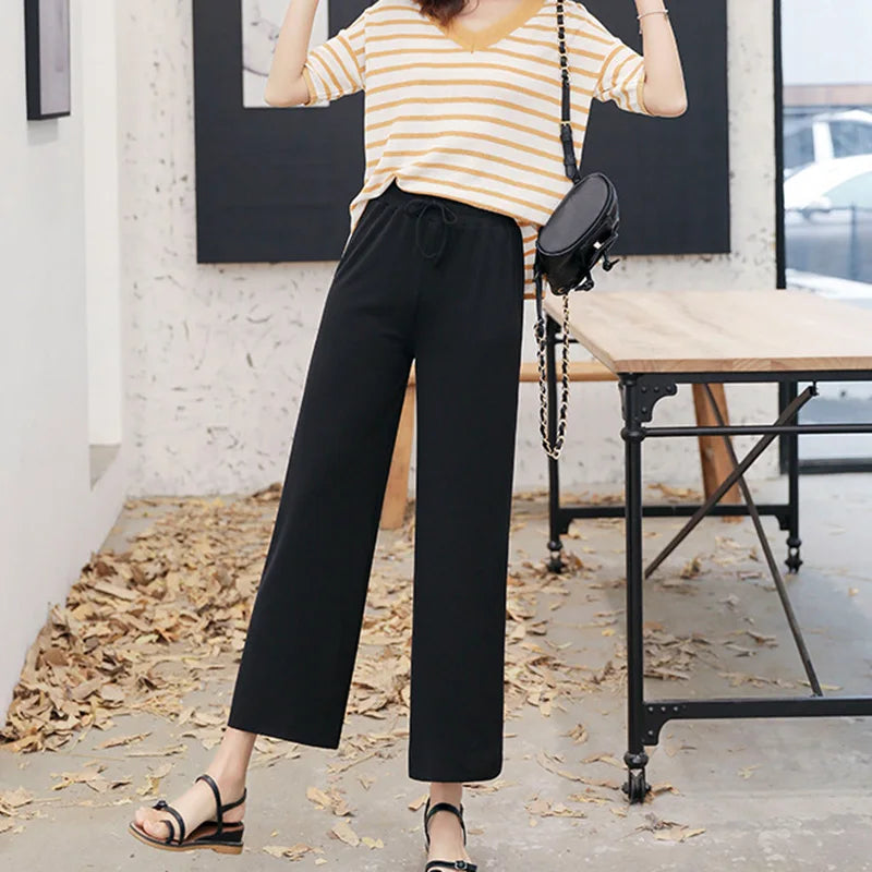 Women Ankle-Length Wide Leg Pants - Casual Summer Elastic Waist Ice Silk Trousers