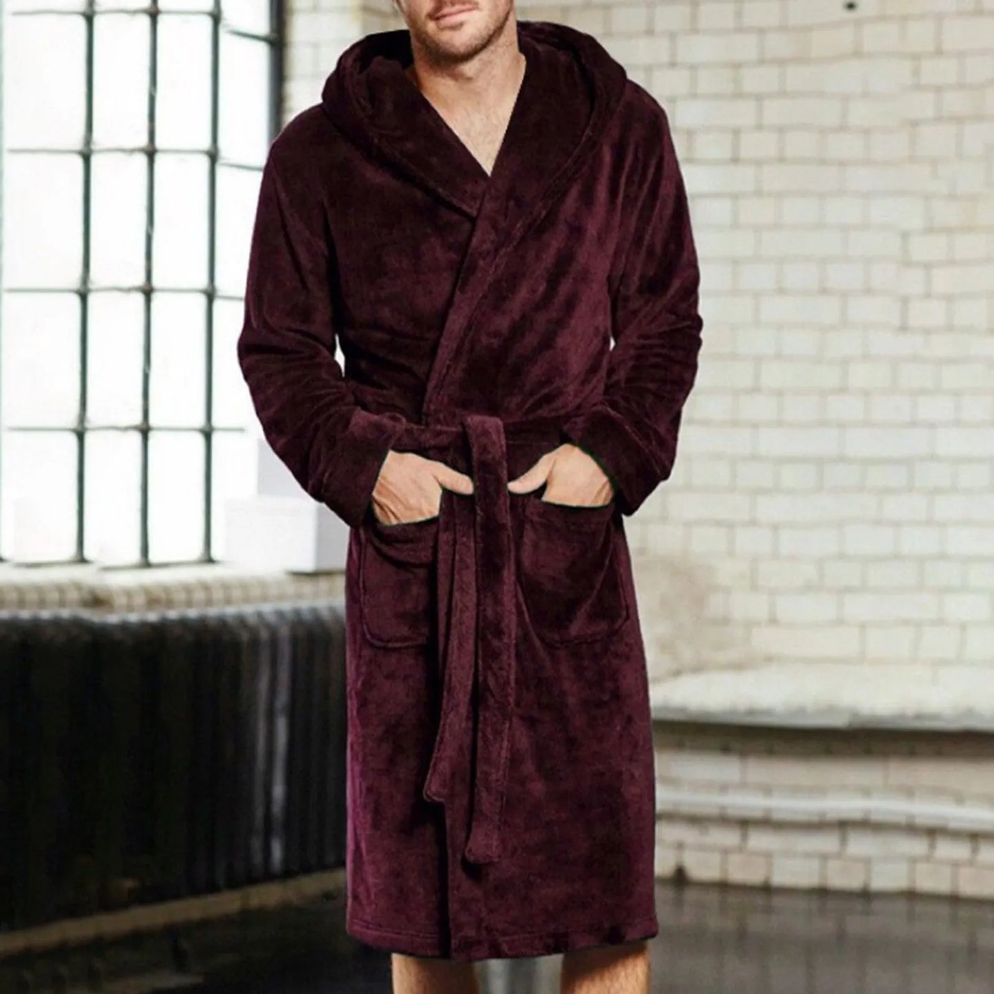 Men's Grey Thick Warm Bathrobe - Winter Flannel Lounging Suit